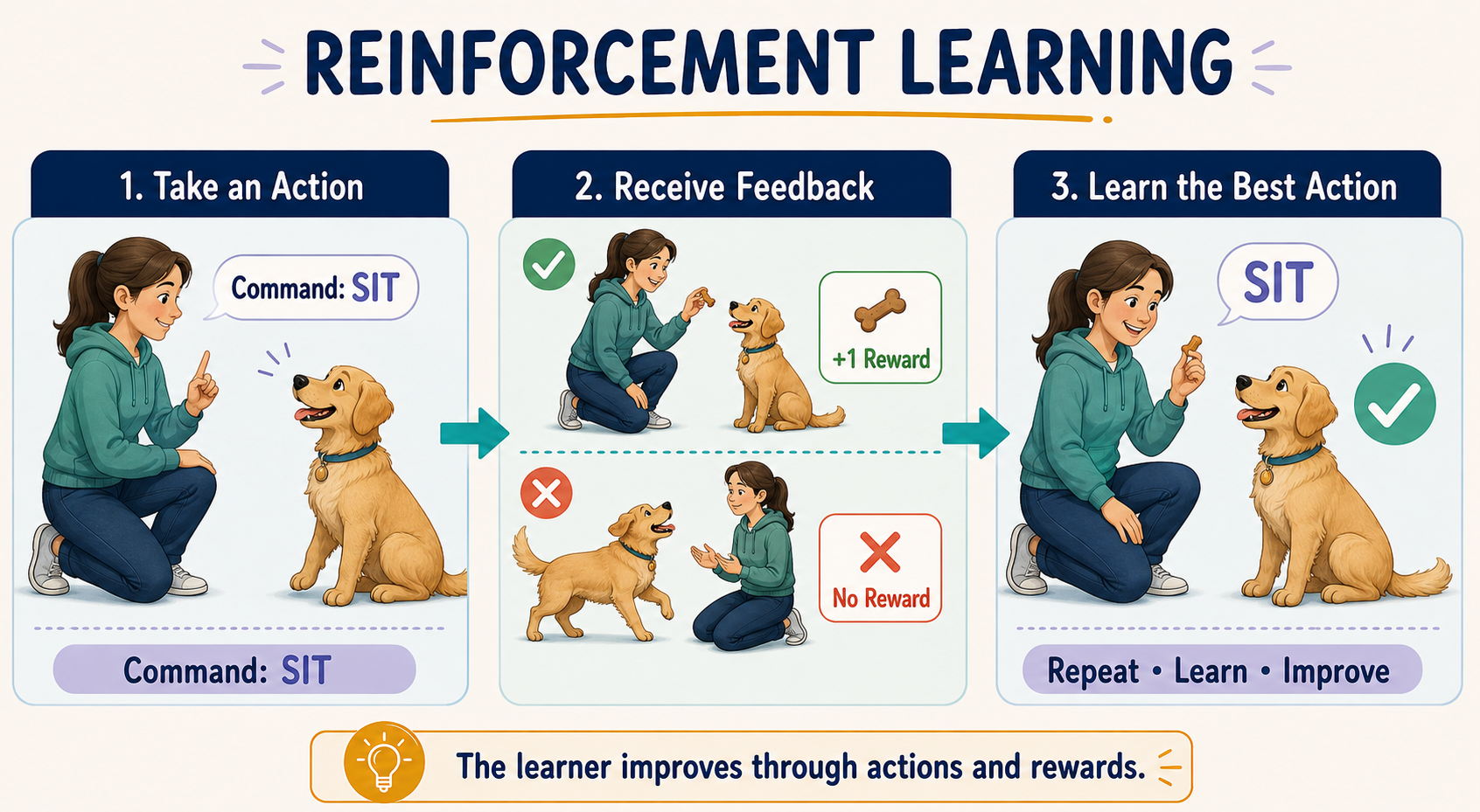 Reinforcement learning explained by training a dog with actions and rewards