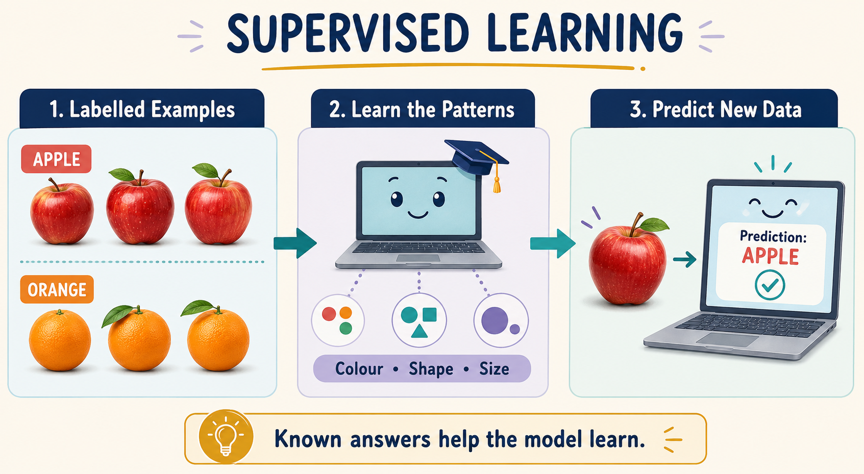 Supervised learning explained with labelled apples and oranges
