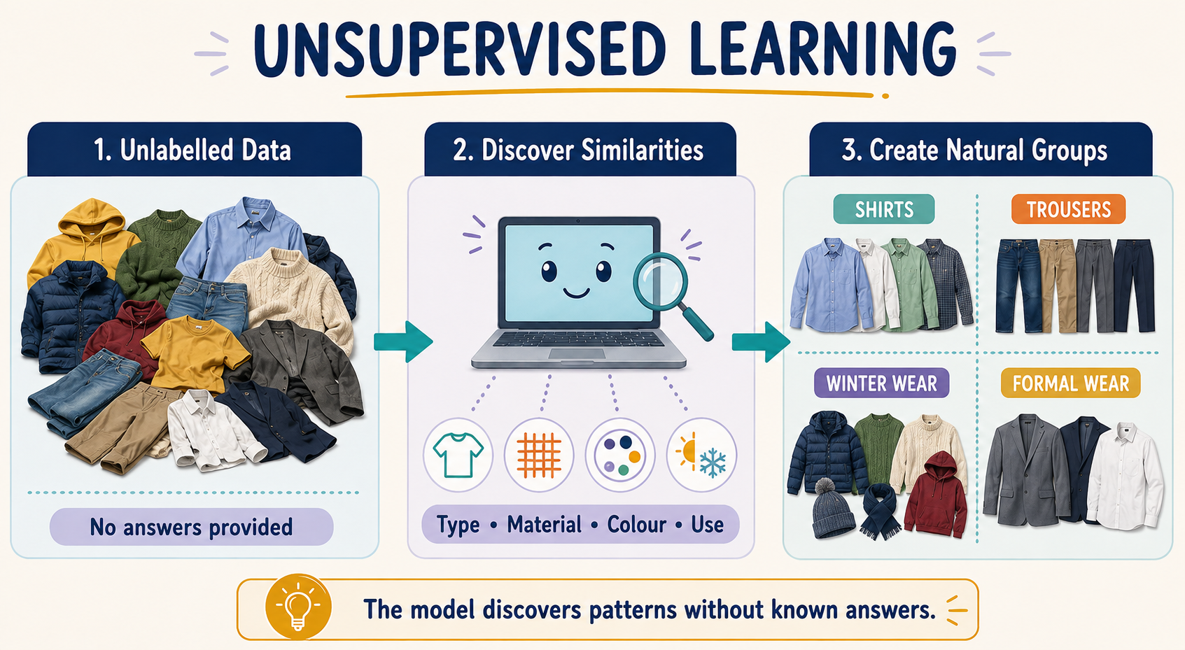 Unsupervised learning explained by organizing mixed clothes into natural groups